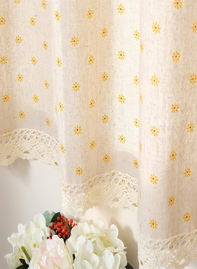 Moslovstar Yellow Daisy Tier Curtain 1 Panel Vintage Style Cotton Linen Half Curtain for Kitchen Cafe Elegant Floral Lace Hem 56" W x 39.3" L Beige - Image 1